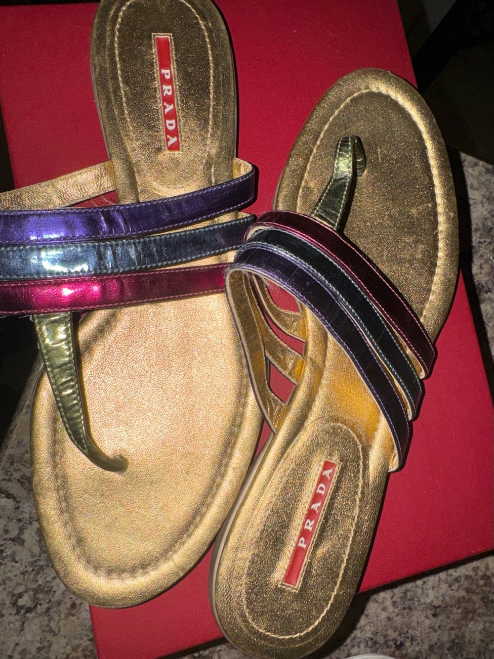 Prada Metallic Gold Slide Sandals with Iridescent Purple, Blue & Pink Straps